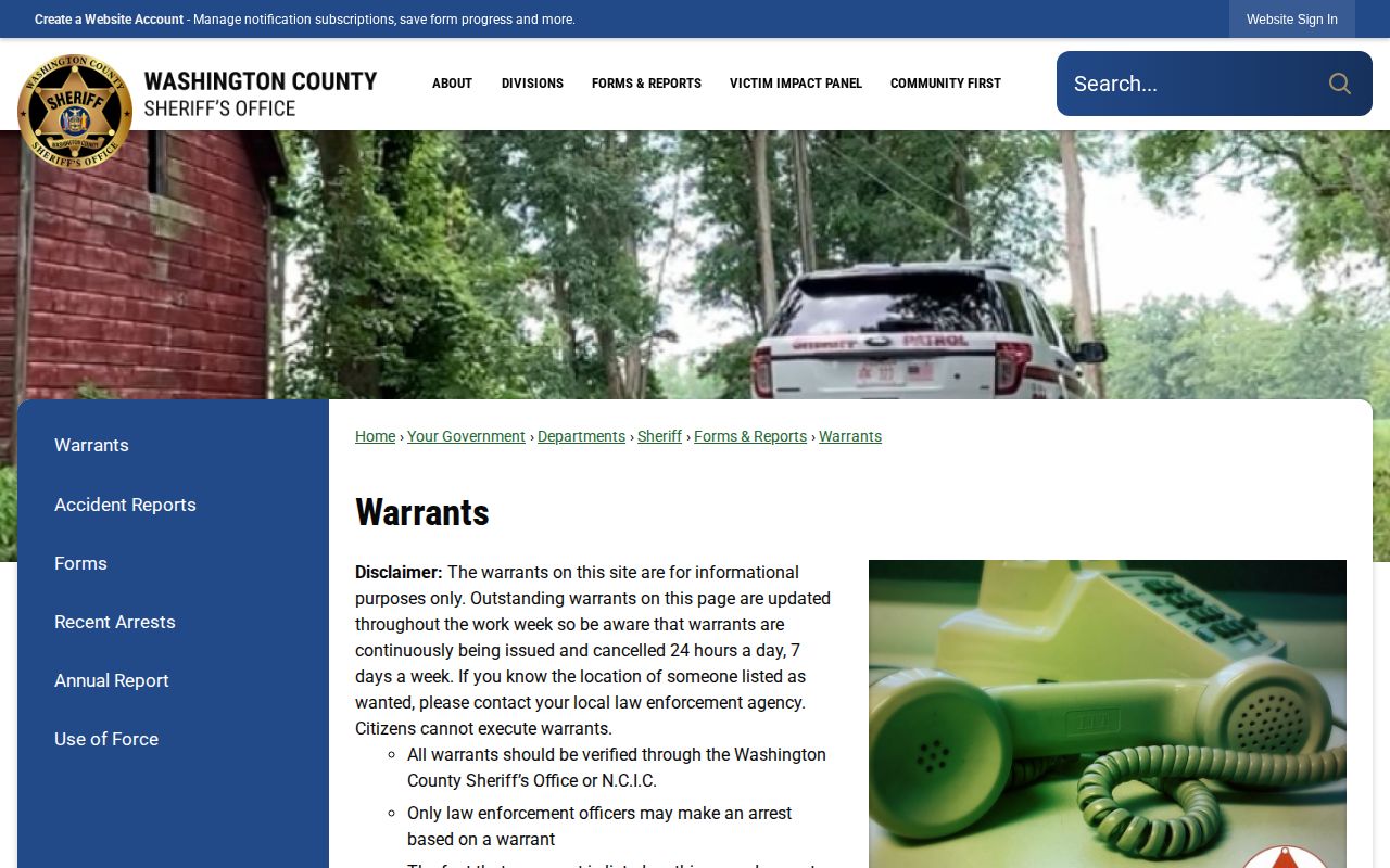 Washington County warrant information instructions from the official WCSO Warrants page